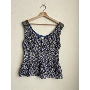Edme & Esyllte Anthropologie Silk Tank Top Blue Beaded Straps Size 10